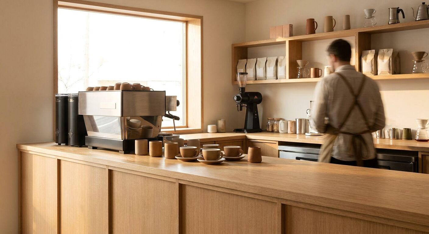 Barista working behind a warm wooden coffee bar