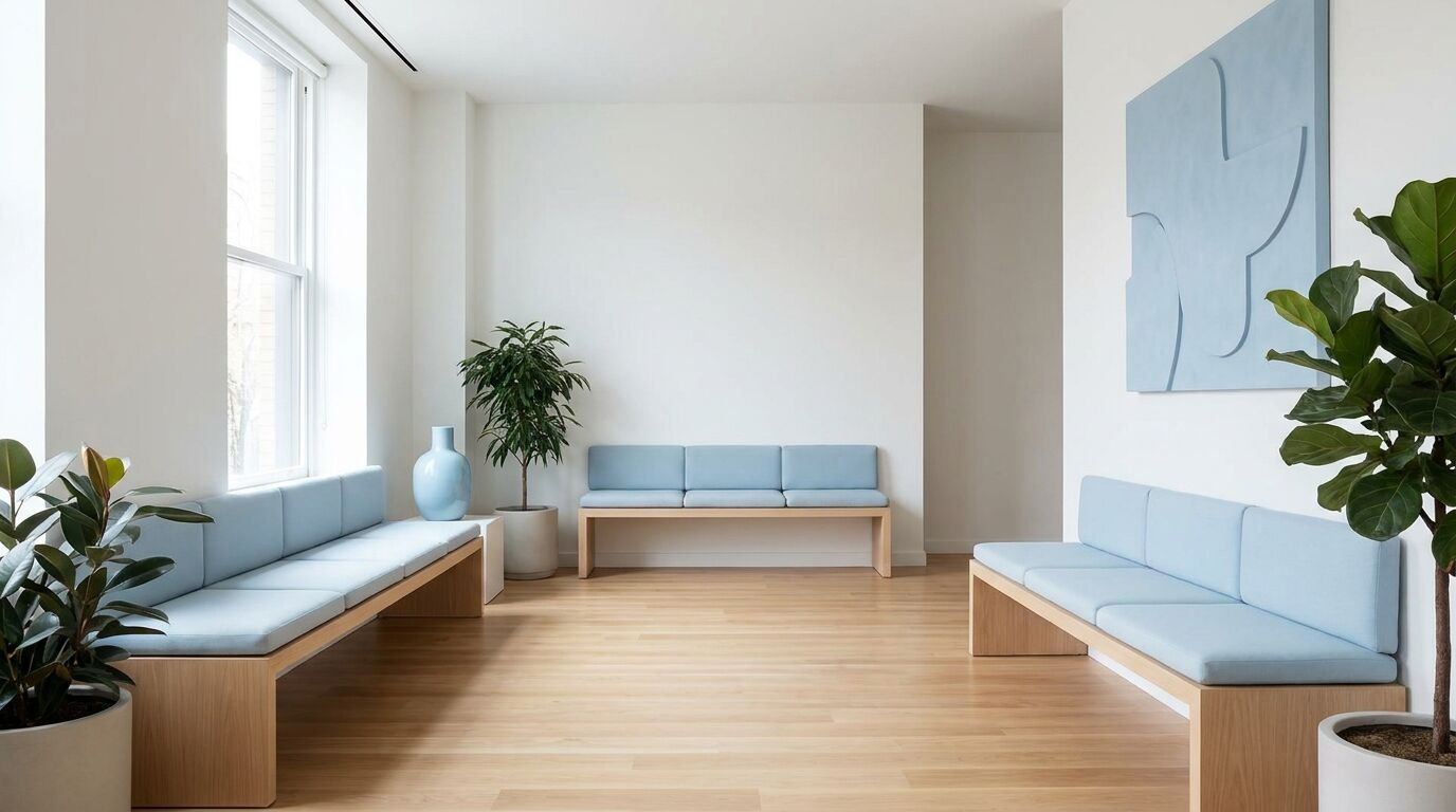 Calm clinic waiting room with soft daylight