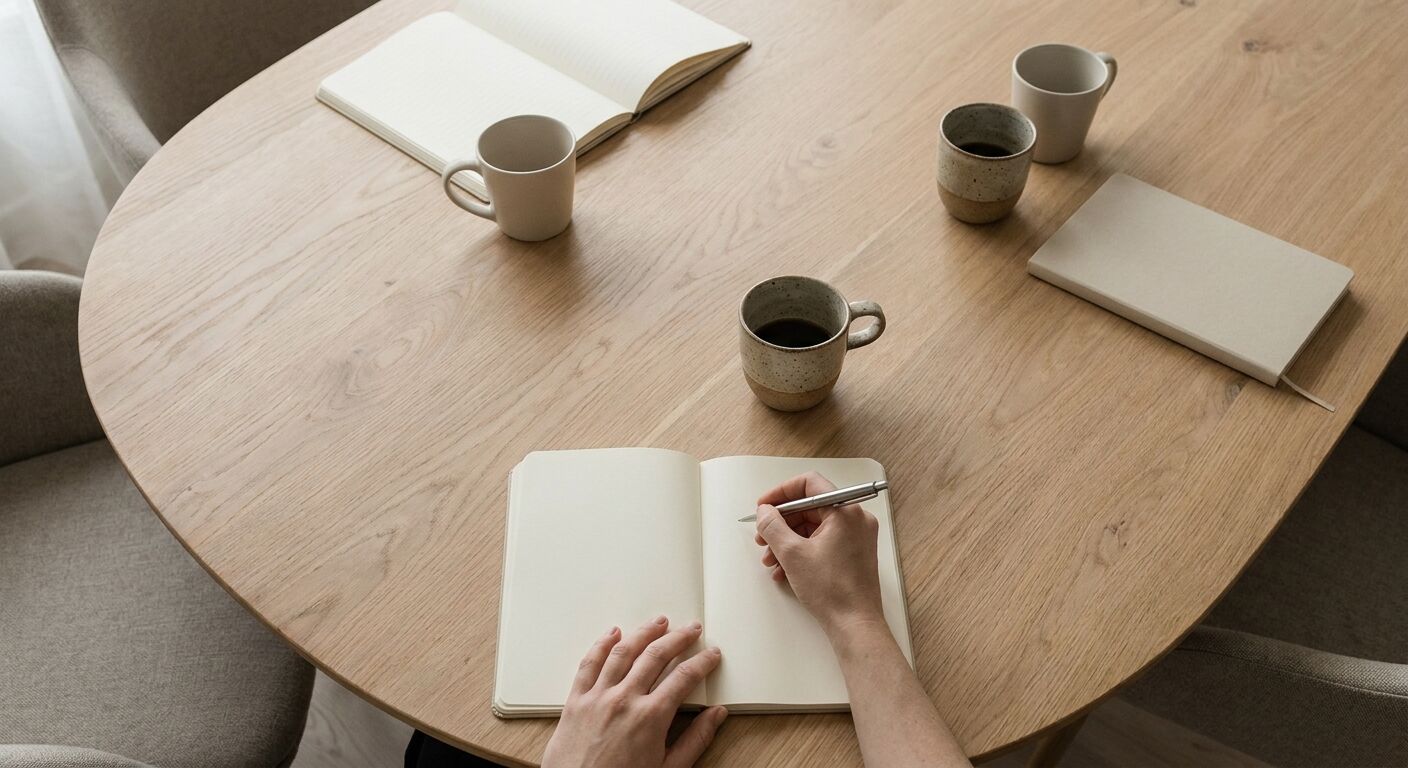 Notebook, pen and coffee cups on a light wooden table