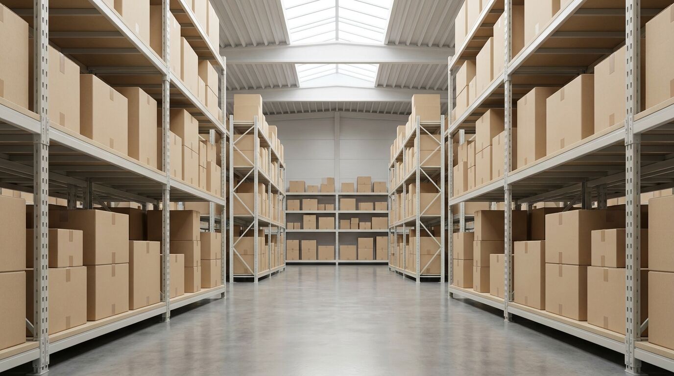 Warehouse aisle lined with neatly stacked shelves