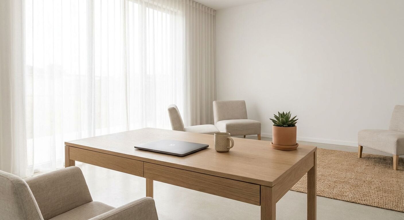 Bright home office desk with a laptop and a plant